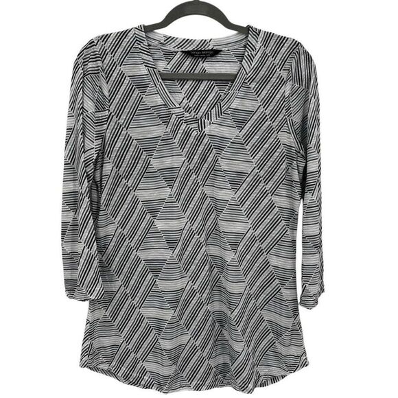 Tango Mango V-Neck 3/4 Sleeve Tunic Top Black/Gray/White Stripes Size Medium - Picture 1 of 6